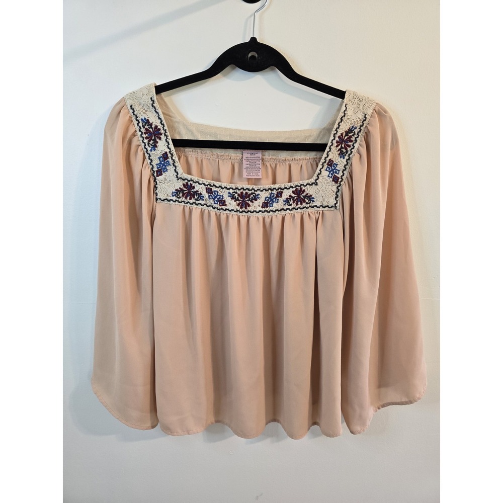 Flying Tomato Top Womens Medium Pink Embroidered Square Neck Boho Festival